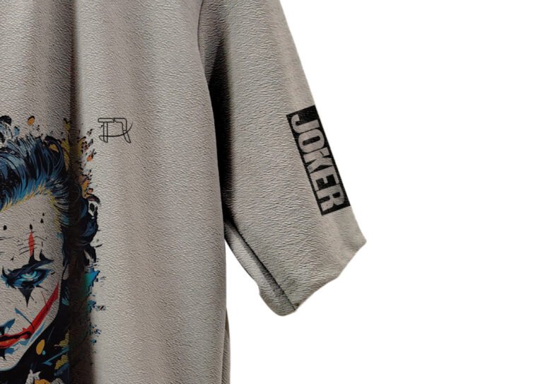Model wearing grey Joker tee