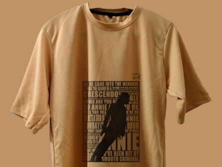 Close-up of MJ print on peach oversized t-shirt