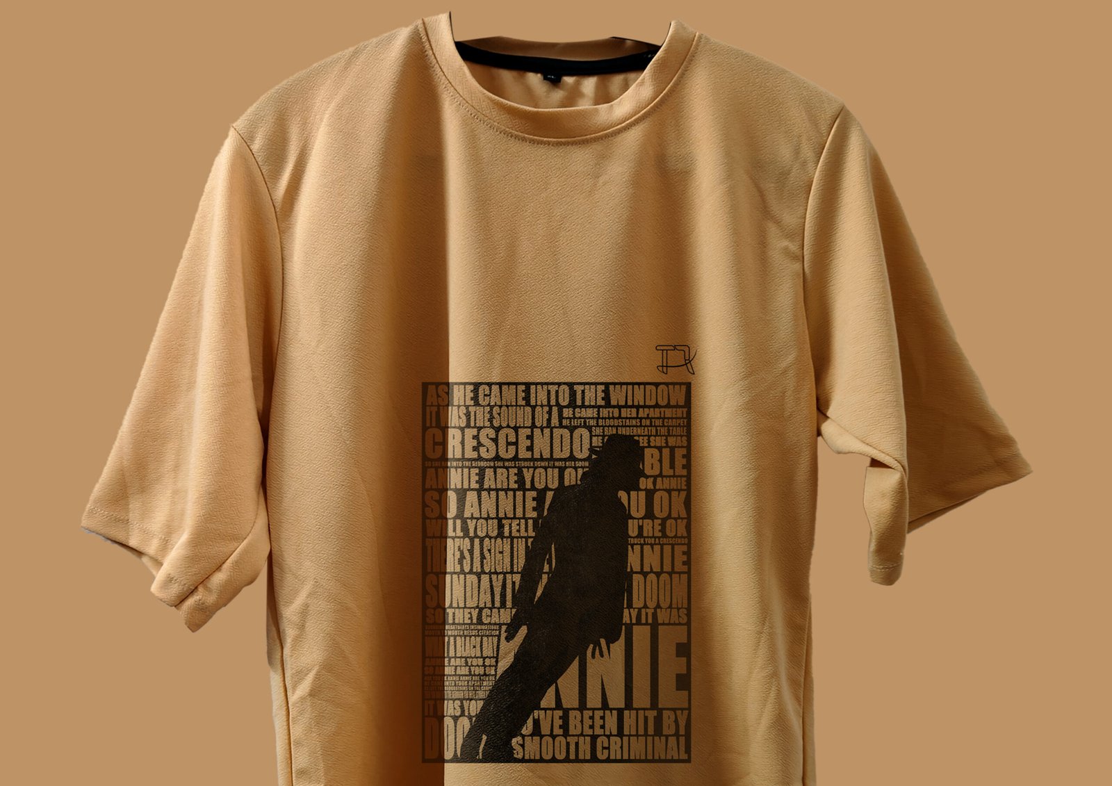 Close-up of MJ print on peach oversized t-shirt