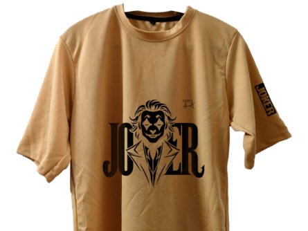 Model in peach Joker tee on street