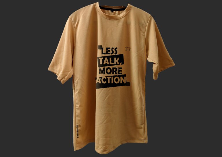 Back View of T-Shirt Featuring “Less Talk” Quote Print