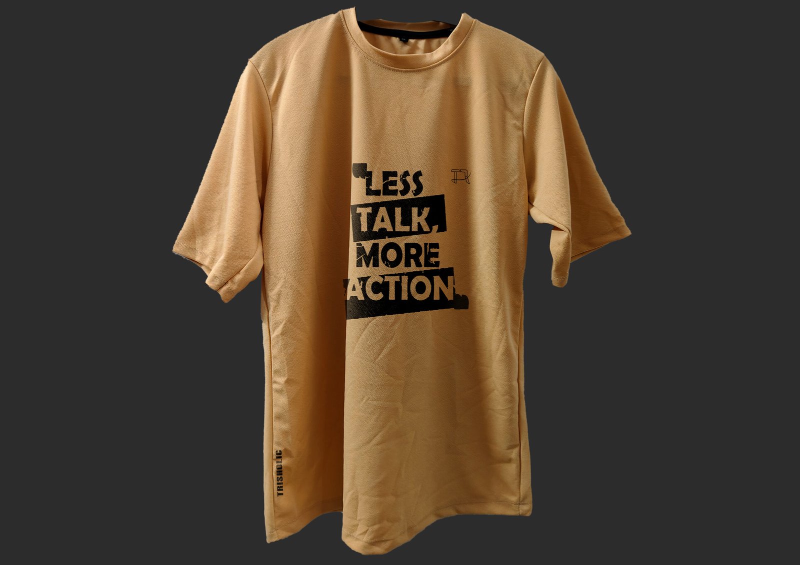 Back View of T-Shirt Featuring “Less Talk” Quote Print