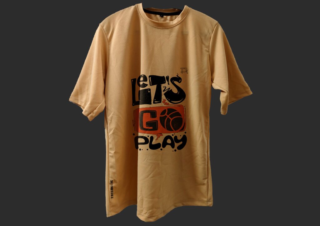 Front view of Let’s Go Play peach drop shoulder T-shirt by Trisholic