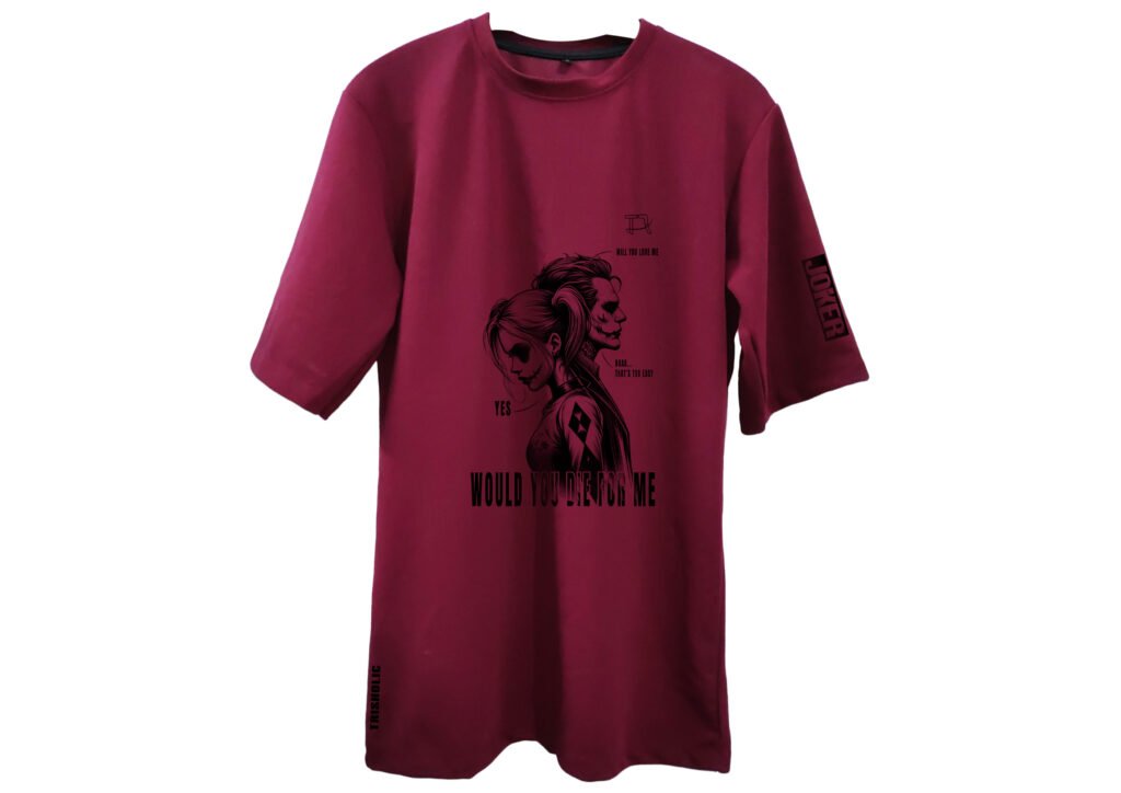 Close-Up Graphic Tee Artwork #DCInspired, #HarleyJokerLove, #GrungeStyle, #ArtOnTee, #ComicBookLook, #RebelWear, #StreetCool, #RedEdition, #UrbanEdge, #IllustratedFashion