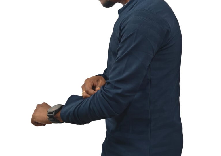 Matte blue full sleeve tee styled with neutral joggers