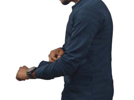 Matte blue full sleeve tee styled with neutral joggers