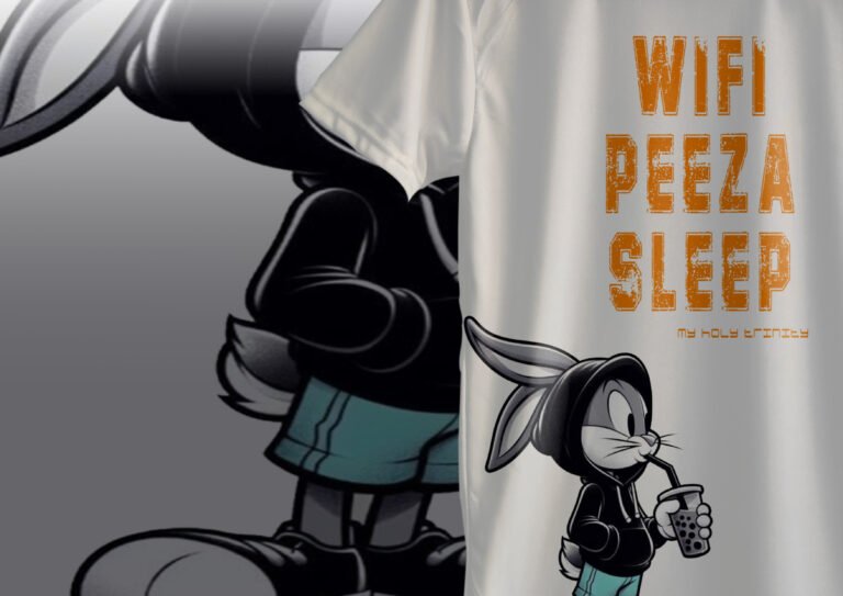 Close-up of WiFi Pizza Sleep Oversized T-Shirt Print wifi pizza sleep oversized t-shirt print, lifestyle graphic tshirt india, lifestyle graphic tshirt usa, durable print oversized tee, gamer oversized t-shirt, funny lifestyle tee, unisex cotton graphic shirt, oversized print tee india, oversized print tee usa, cool text oversized tee