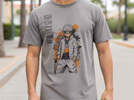 Anime Series Drop Shoulder Gray T-Shirt for Men