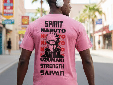 Model wearing Naruto anime loose fit t-shirt under ₹499
