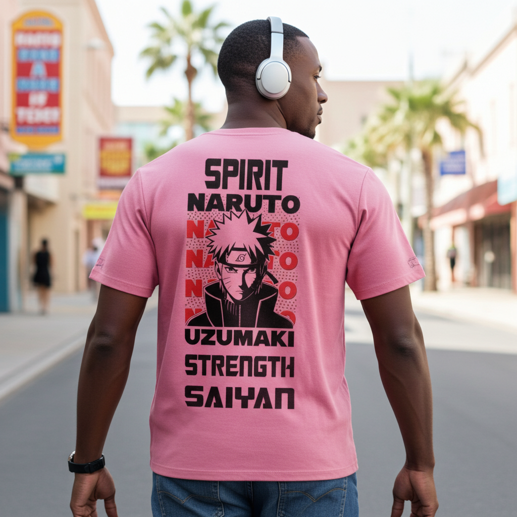 Model wearing Naruto anime loose fit t-shirt under ₹499