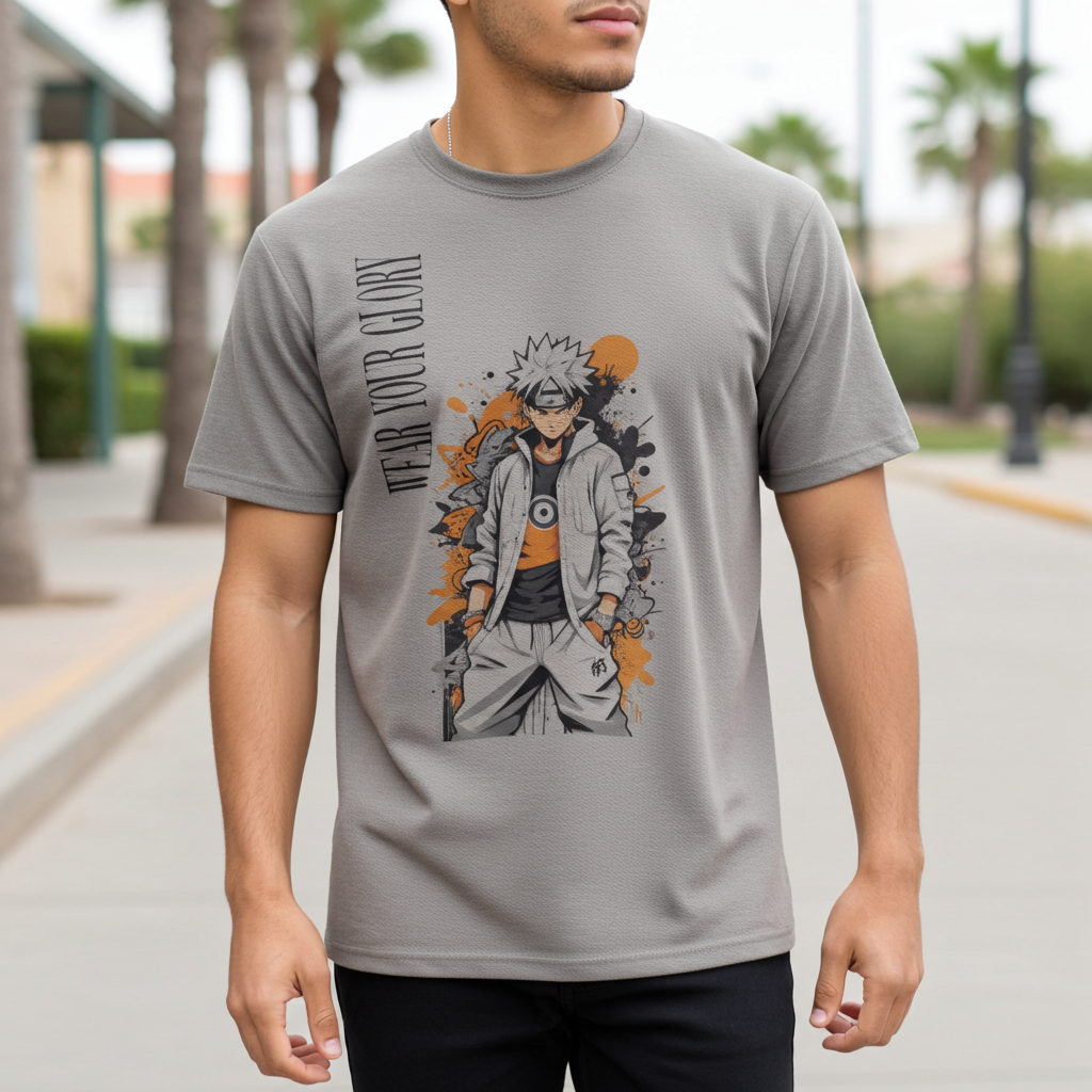 Anime Series Drop Shoulder Gray T-Shirt for Men