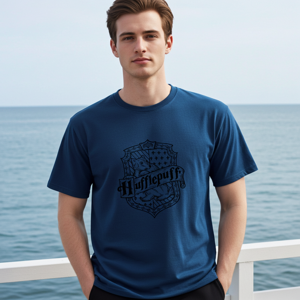 Shoulder stitching detail of Oversized Hufflepuff Blue Harry Potter T-shirt for Men