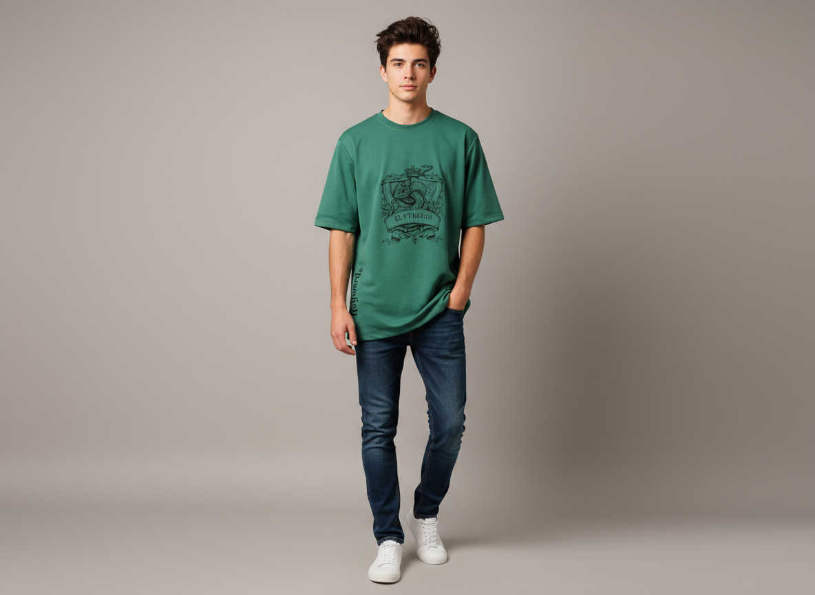 Oversized Green T-Shirt fit,Model wearing Slytherin Oversized T-Shirt,