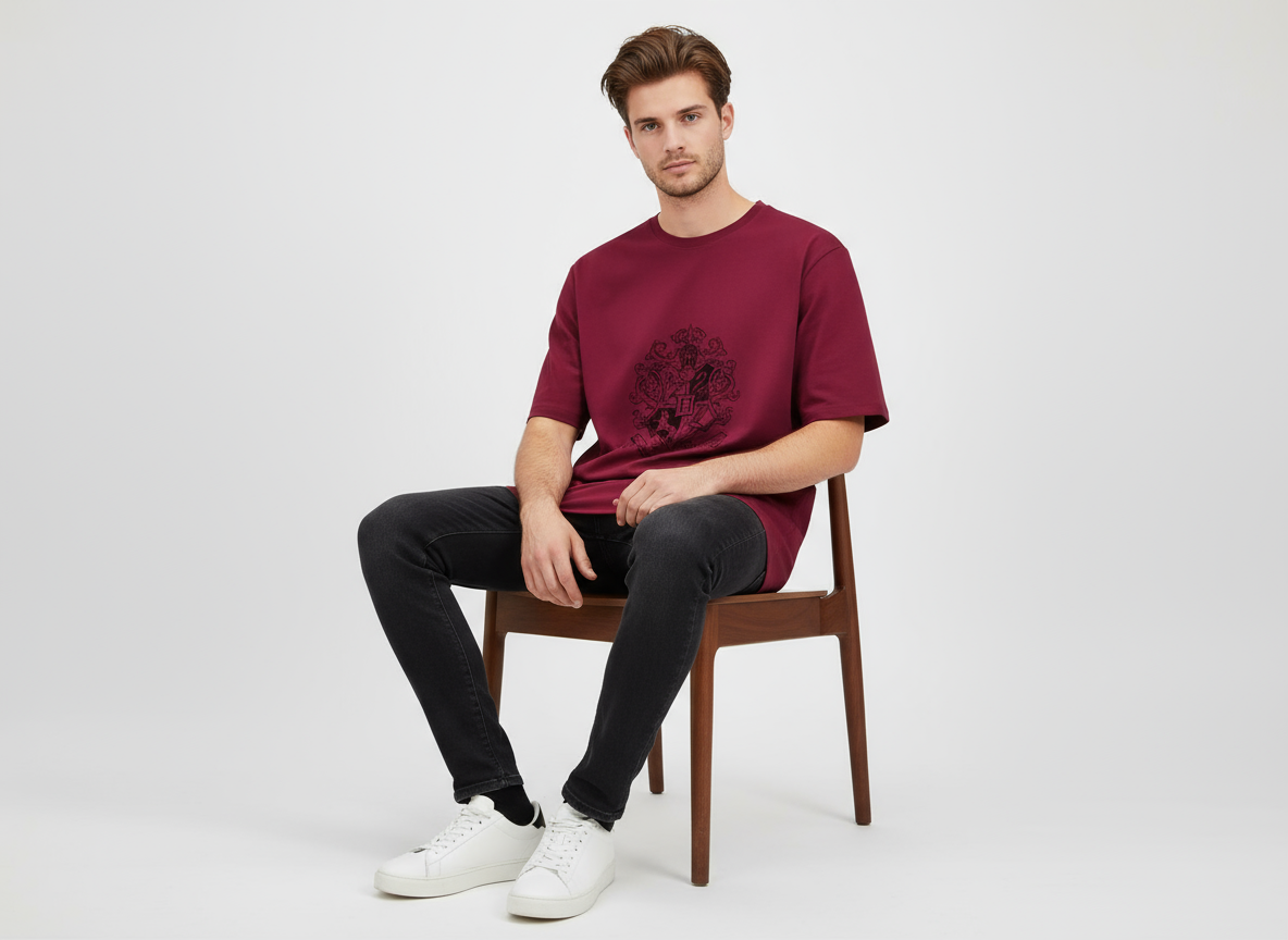 Hogwarts Red Drop Shoulder Oversized Tee Model wearing Hogwarts red drop shoulder oversized t-shirt