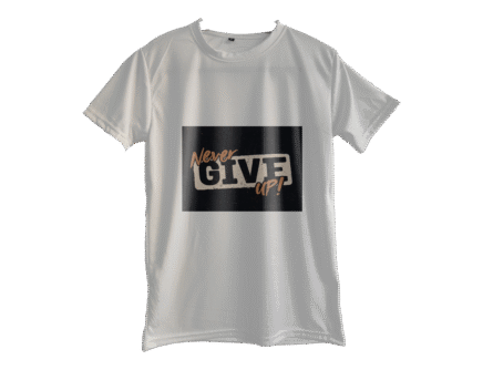 Front view of Men’s Never Give Up Motivational T-Shirt | White Slim Fit Tee – Trisholic in a clean studio background.