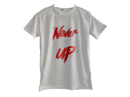 Front view of Never Give Up Motivational White Slim Fit Printed T-Shirt for Men