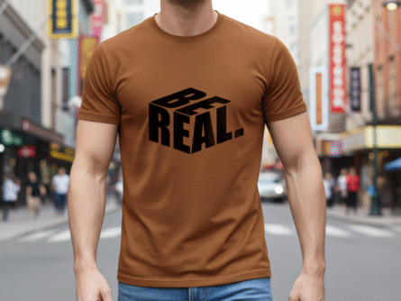 Neckline detail – Men’s Casual Slim Fit Peach T-Shirt | Durable Polyester Fabric – Trisholic