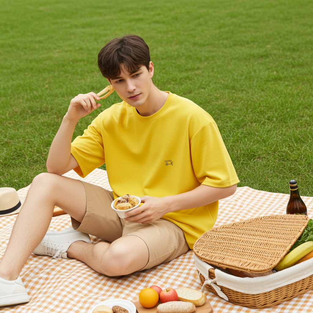 Yellow Oversized T-Shirt for Men | Minimal Solid Casual Streetwear Tee fabric texture
