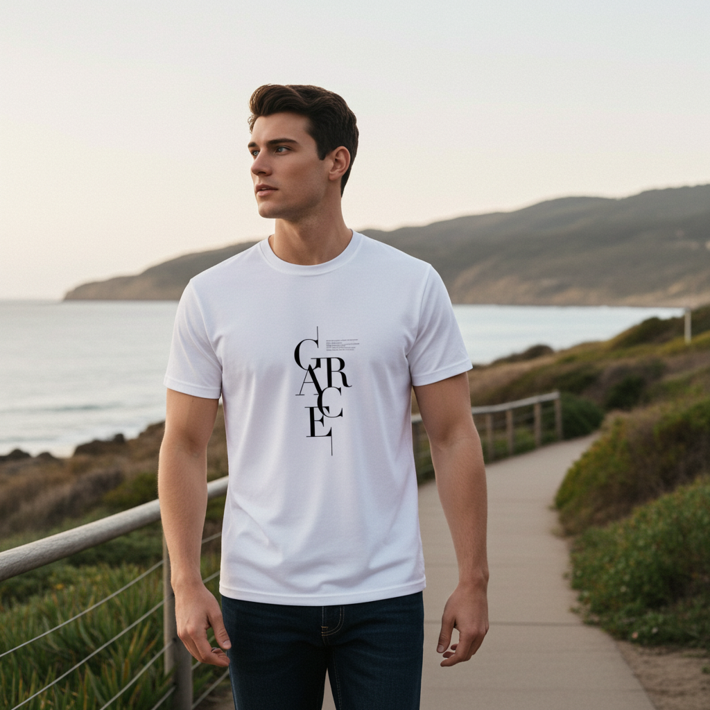 Premium White Grace Letter Print T-Shirt | Trendy Minimal Casual Wear for Men - Trisholic lightweight view