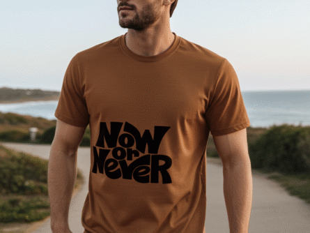 Peach “Now or Never” Graphic Oversized T-Shirt for Men | Motivational Streetwear Tee – Trisholic Fabric Texture