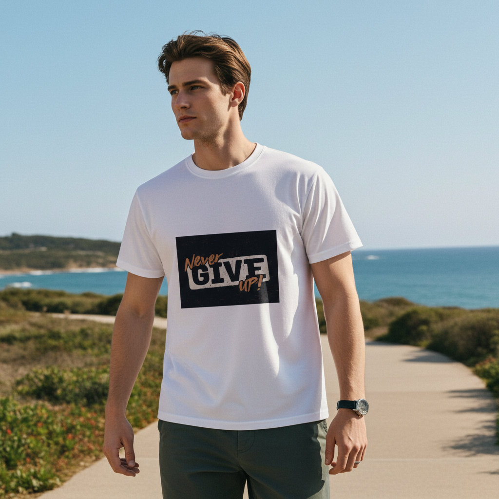 Flat lay of Men’s Never Give Up Motivational T-Shirt | White Slim Fit Tee – Trisholic styled with denim and accessories.