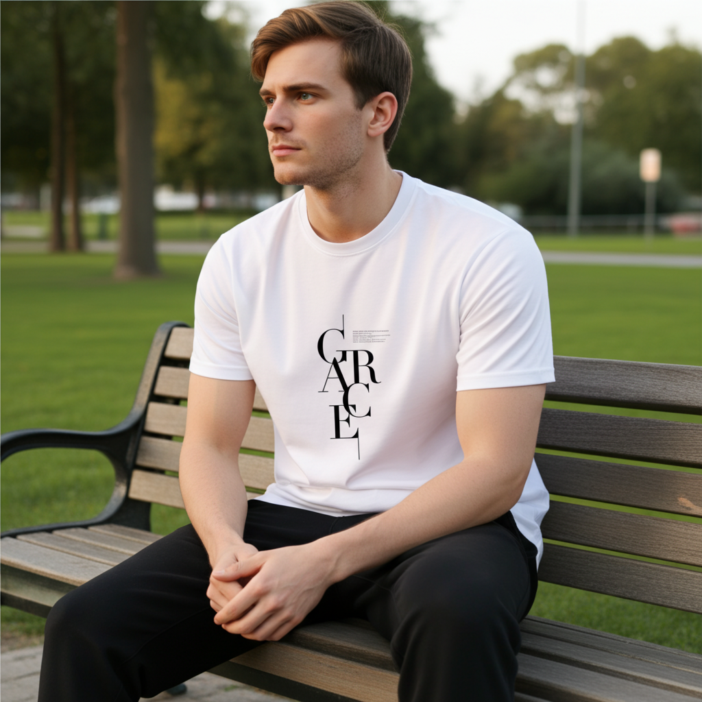 Premium White Grace Letter Print T-Shirt | Trendy Minimal Casual Wear for Men - Trisholic fabric texture