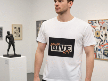 Model at gym wearing Men’s Never Give Up Motivational T-Shirt | White Slim Fit Tee – Trisholic during workout.