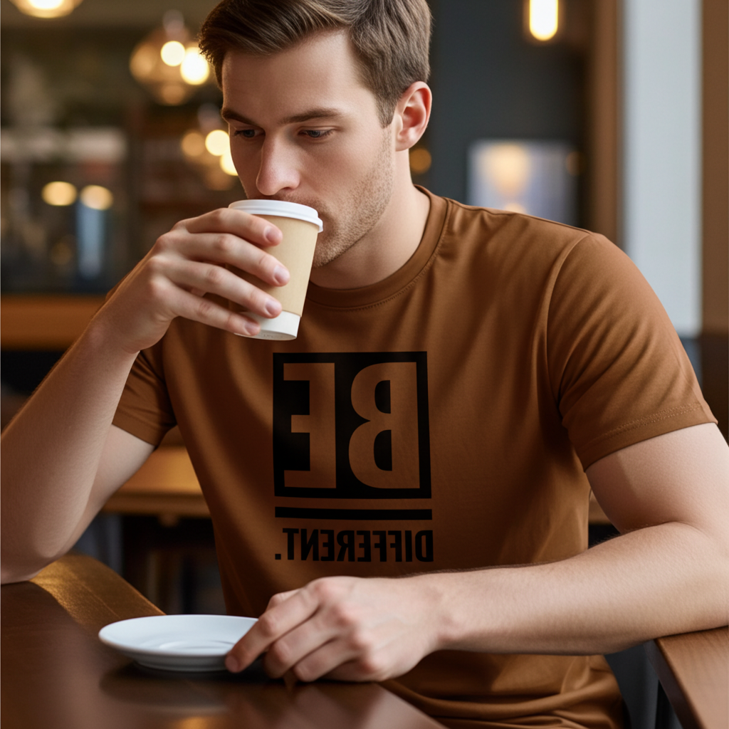 Slim Fit Graphic Printed T-Shirt for Men – Peach Be Different Quote Tee | Trisholic print durability