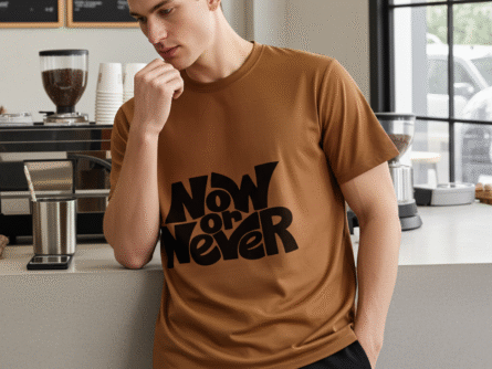 Peach “Now or Never” Graphic Oversized T-Shirt for Men | Motivational Streetwear Tee – Trisholic Neck Rib