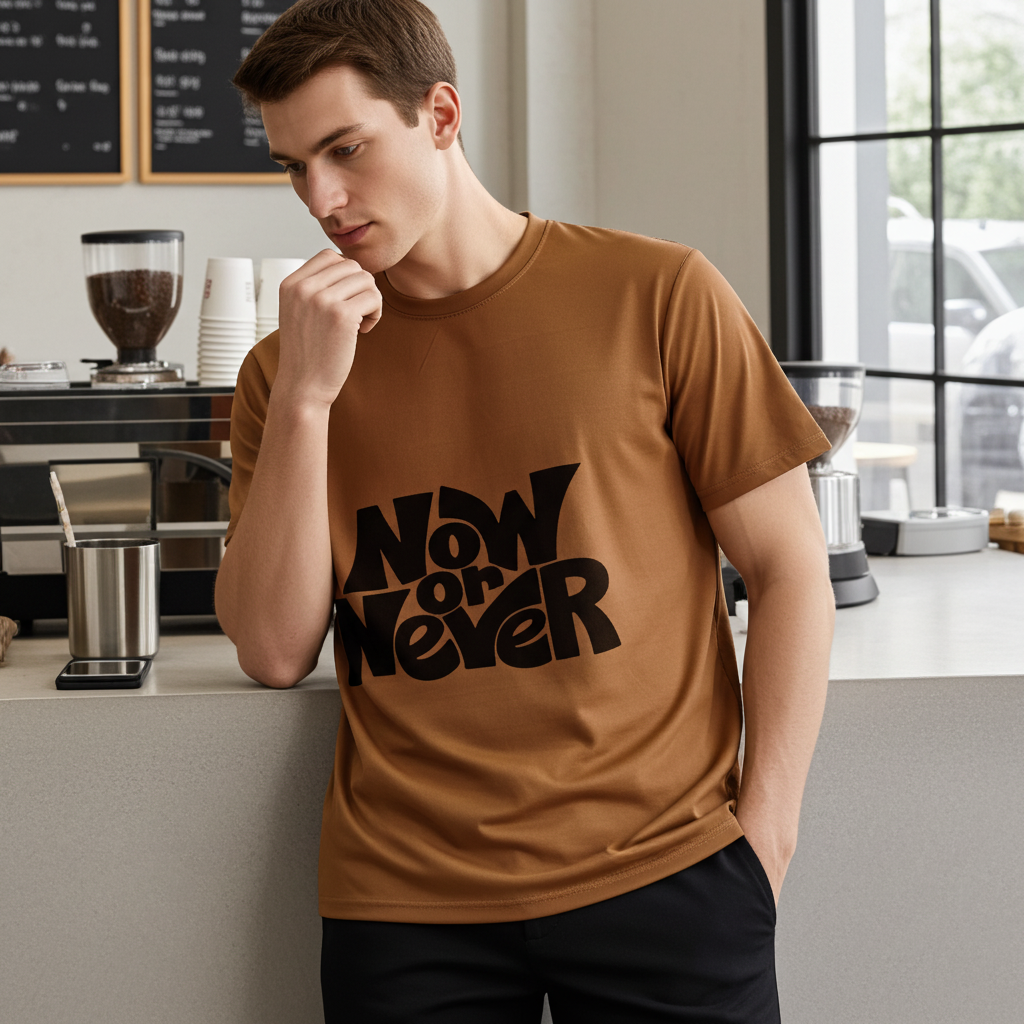 Peach “Now or Never” Graphic Oversized T-Shirt for Men | Motivational Streetwear Tee – Trisholic Neck Rib