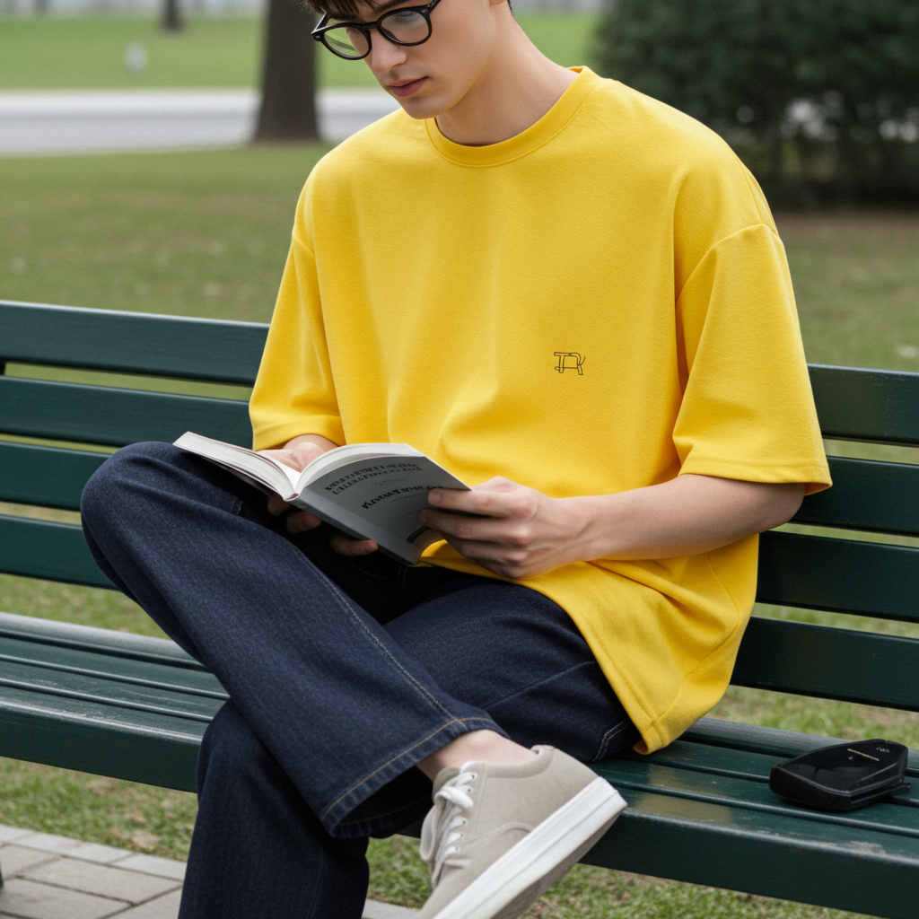 Yellow Oversized T-Shirt for Men | Minimal Solid Casual Streetwear Tee front view