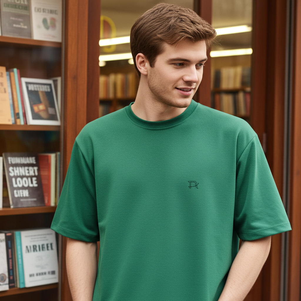 Classic Green Relaxed Streetwear T-Shirt for Men minimal neckline detail