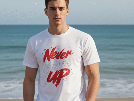 Side angle of Never Give Up Motivational White Slim Fit Printed T-Shirt for Men