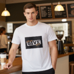 Close-up print detail of Men’s Never Give Up Motivational T-Shirt | White Slim Fit Tee – Trisholic showing sharp ink quality.