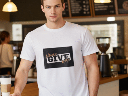 Close-up print detail of Men’s Never Give Up Motivational T-Shirt | White Slim Fit Tee – Trisholic showing sharp ink quality.