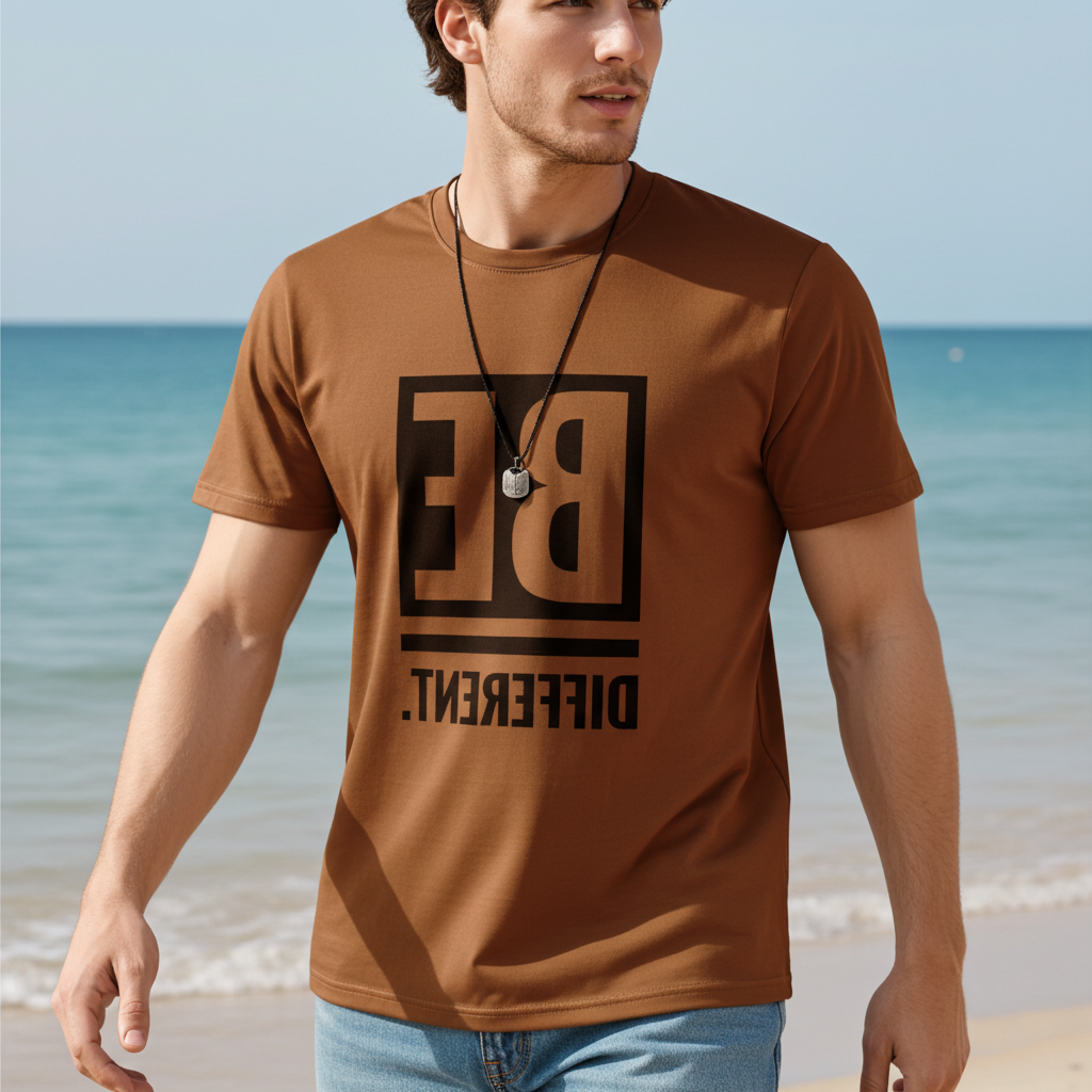 Slim Fit Graphic Printed T-Shirt for Men – Peach Be Different Quote Tee | Trisholic casual view