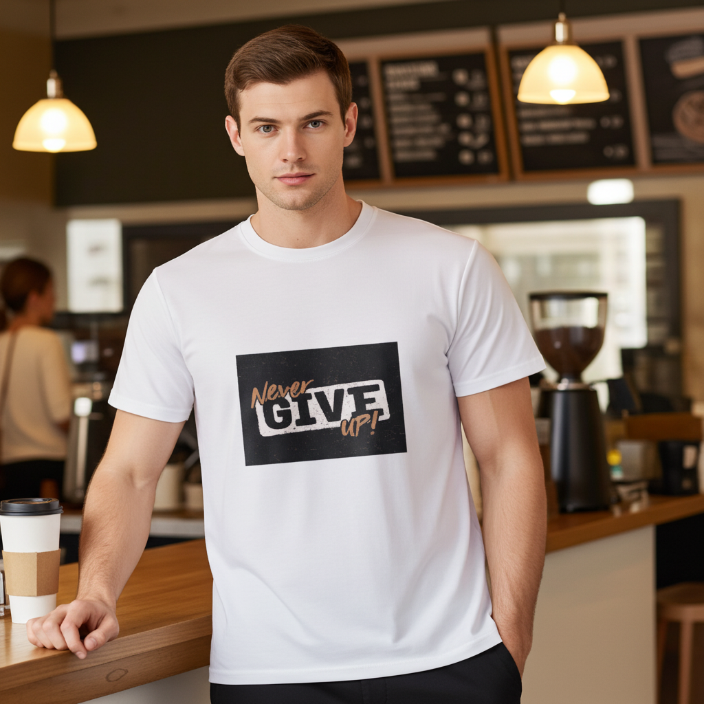 Close-up print detail of Men’s Never Give Up Motivational T-Shirt | White Slim Fit Tee – Trisholic showing sharp ink quality.