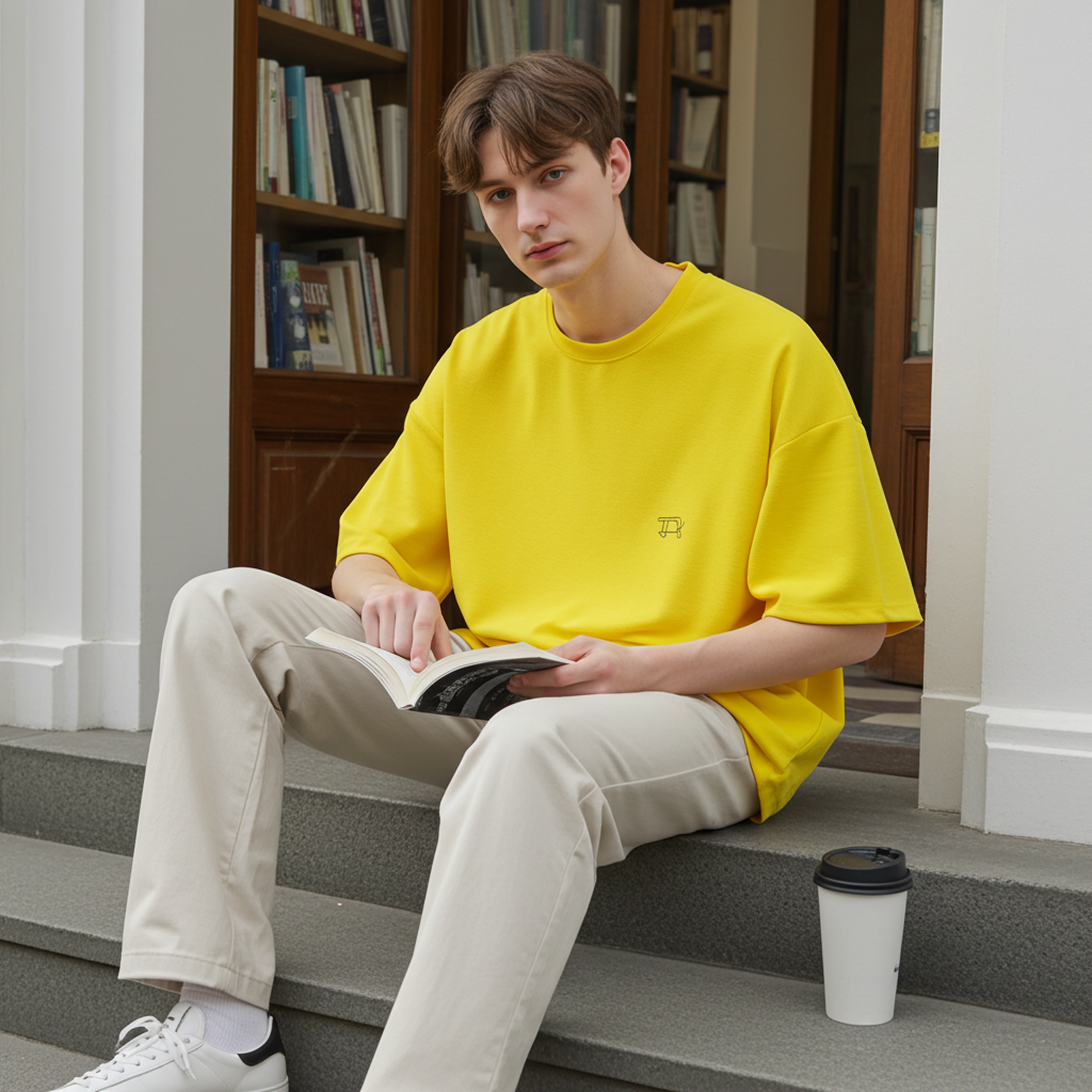 Yellow Oversized T-Shirt for Men | Minimal Solid Casual Streetwear Tee logo