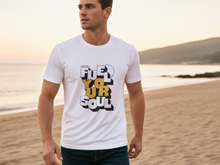 Stitch detail on the White Slim Fit Polyester T-Shirt for Men with Fuel Your Soul Print-Trisholic