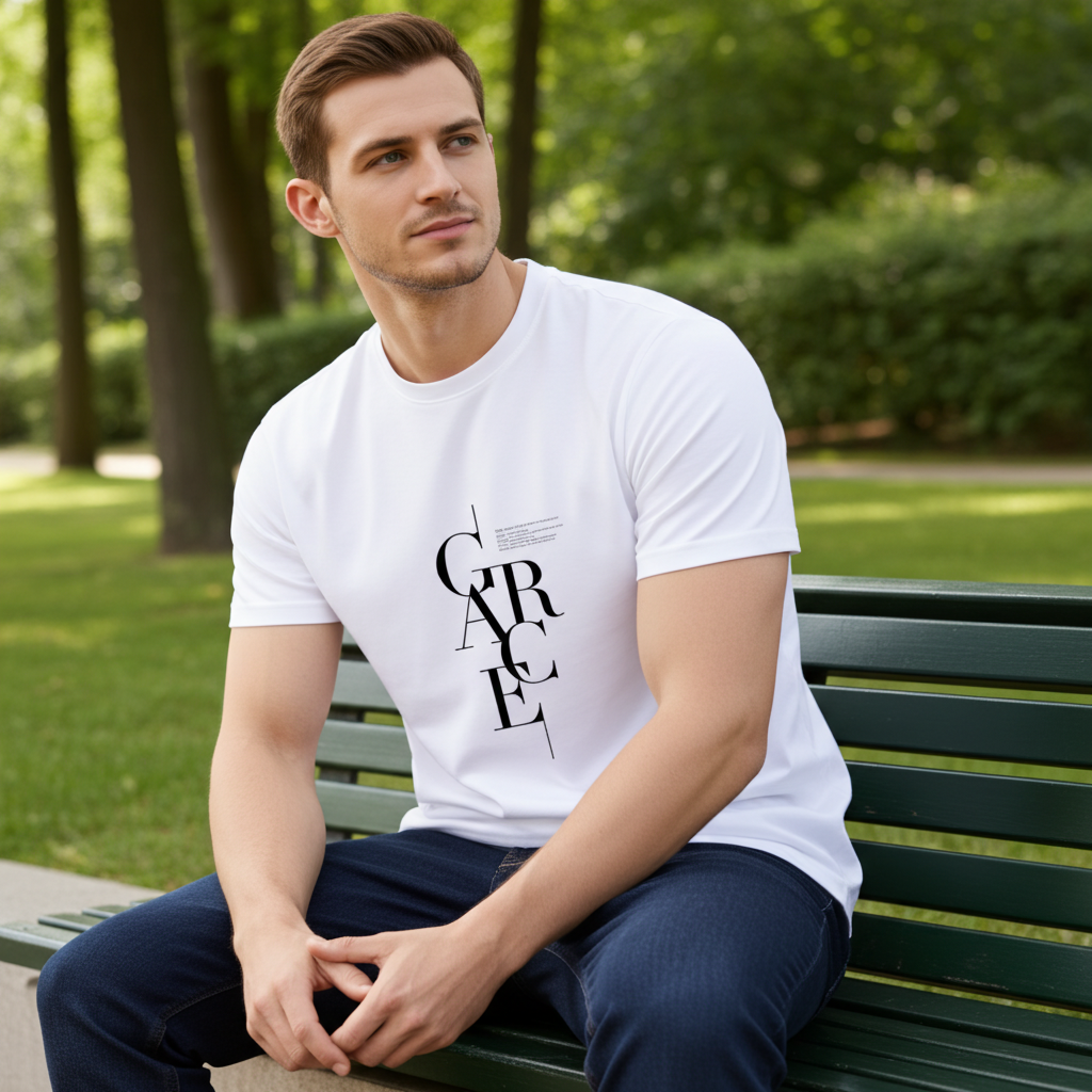 Premium White Grace Letter Print T-Shirt | Trendy Minimal Casual Wear for Men - Trisholic flat display