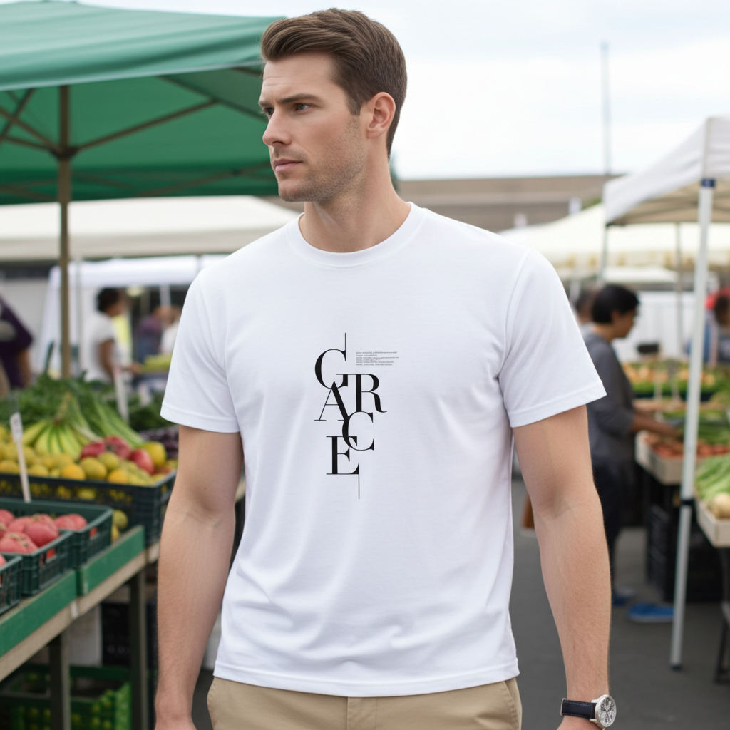 Premium White Grace Letter Print T-Shirt | Trendy Minimal Casual Wear for Men - Trisholic typography close-up
