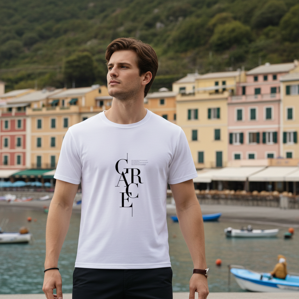 Premium White Grace Letter Print T-Shirt | Trendy Minimal Casual Wear for Men - Trisholic full-body