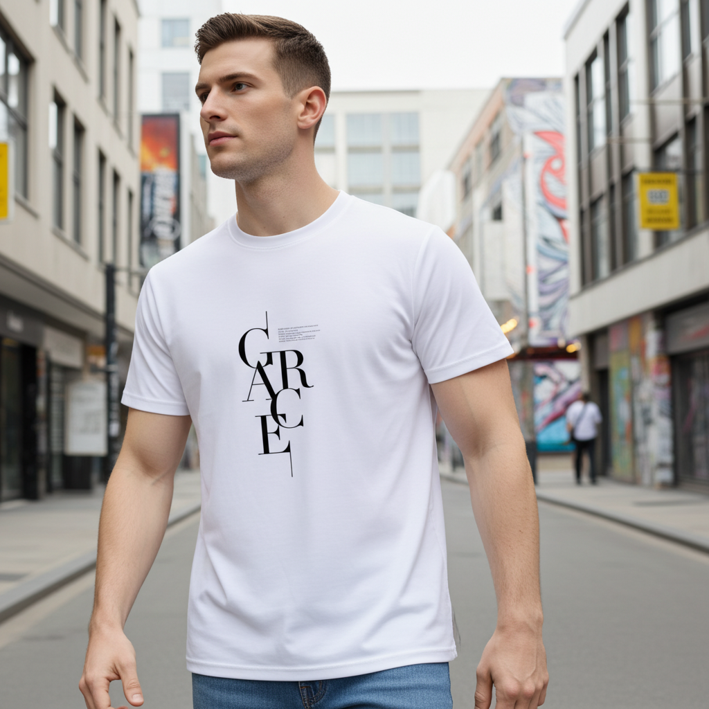 Premium White Grace Letter Print T-Shirt | Trendy Minimal Casual Wear for Men - Trisholic lifestyle view