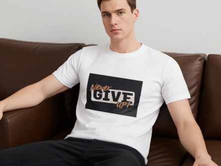 Male model wearing Men’s Never Give Up Motivational T-Shirt | White Slim Fit Tee – Trisholic in an outdoor lifestyle scene.