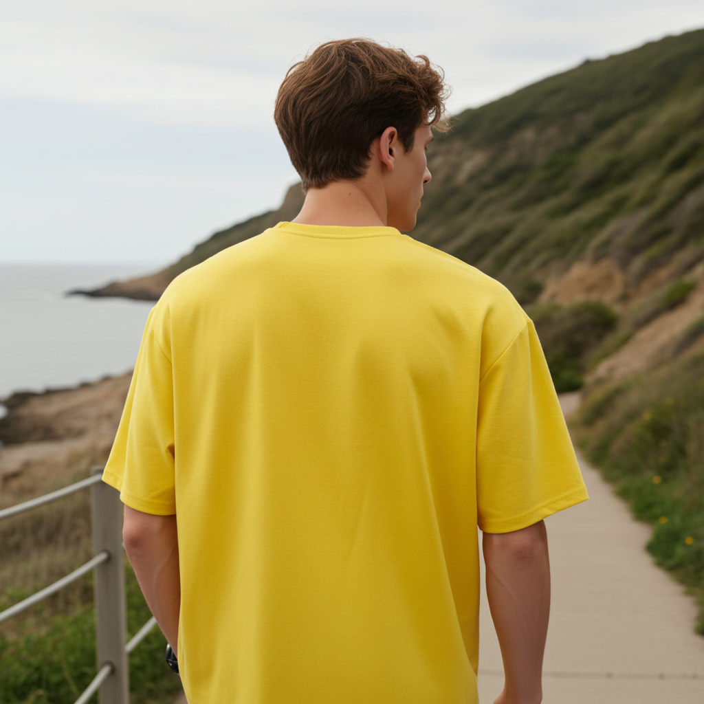 Yellow Oversized T-Shirt for Men | Minimal Solid Casual Streetwear Tee side view