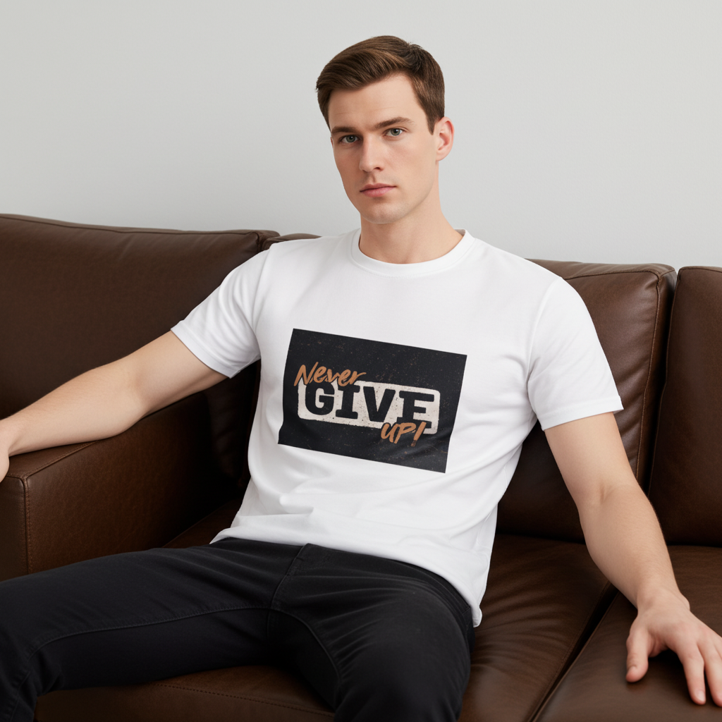 Male model wearing Men’s Never Give Up Motivational T-Shirt | White Slim Fit Tee – Trisholic in an outdoor lifestyle scene.