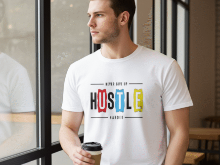 Chest close-up of White Hustle Printed Motivational T-Shirt for Men | Premium Slim Fit Tee – Trisholic