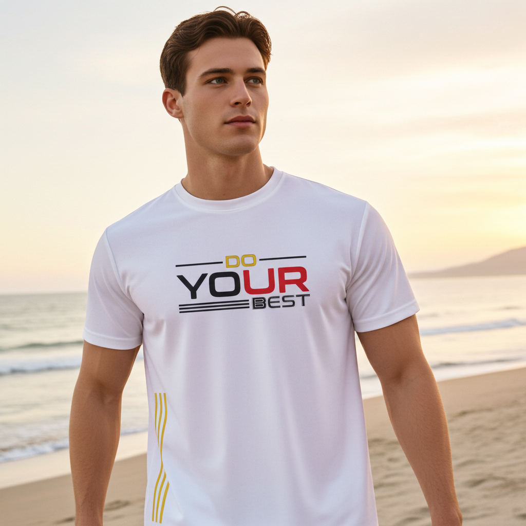 Side fit image of White Slim Fit Polyester Motivational Quote T-Shirt for Men